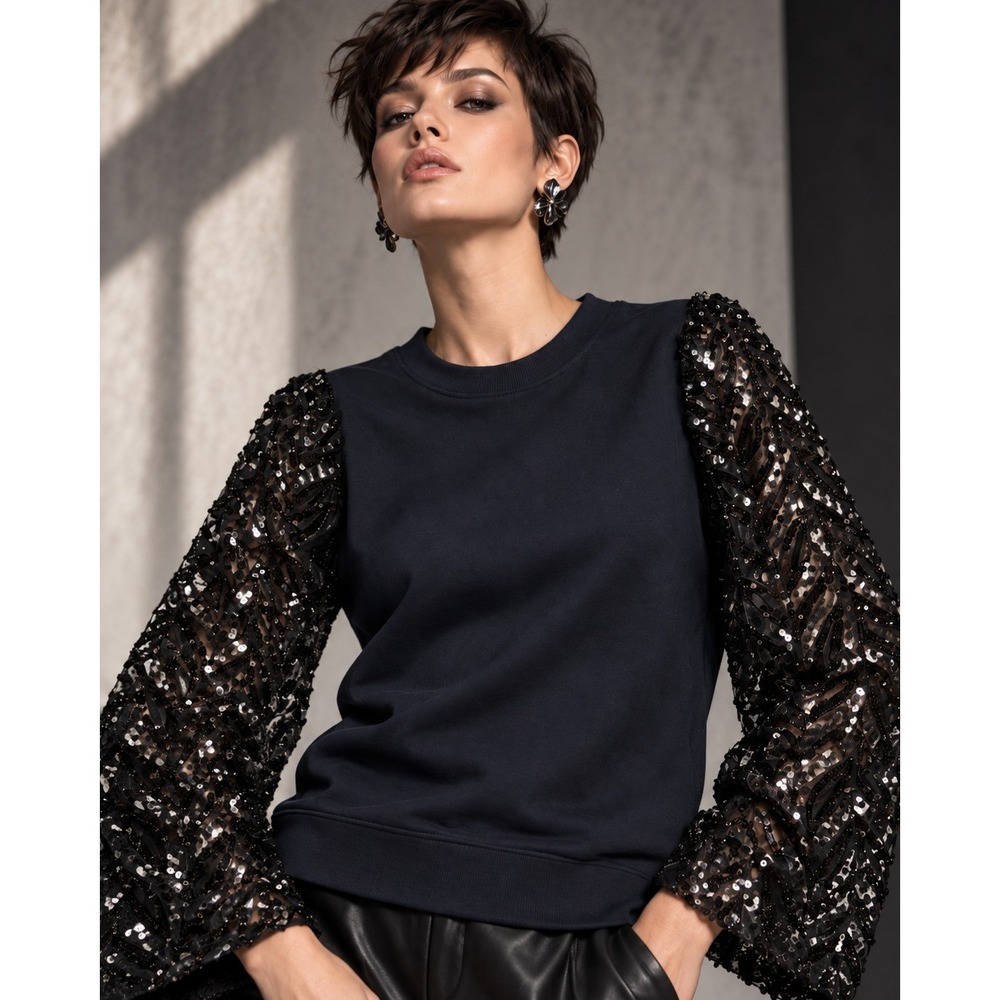 Anthropologie Maeve Tasha Sequin Lace Bell Sleeve Sweatshirt Black XS